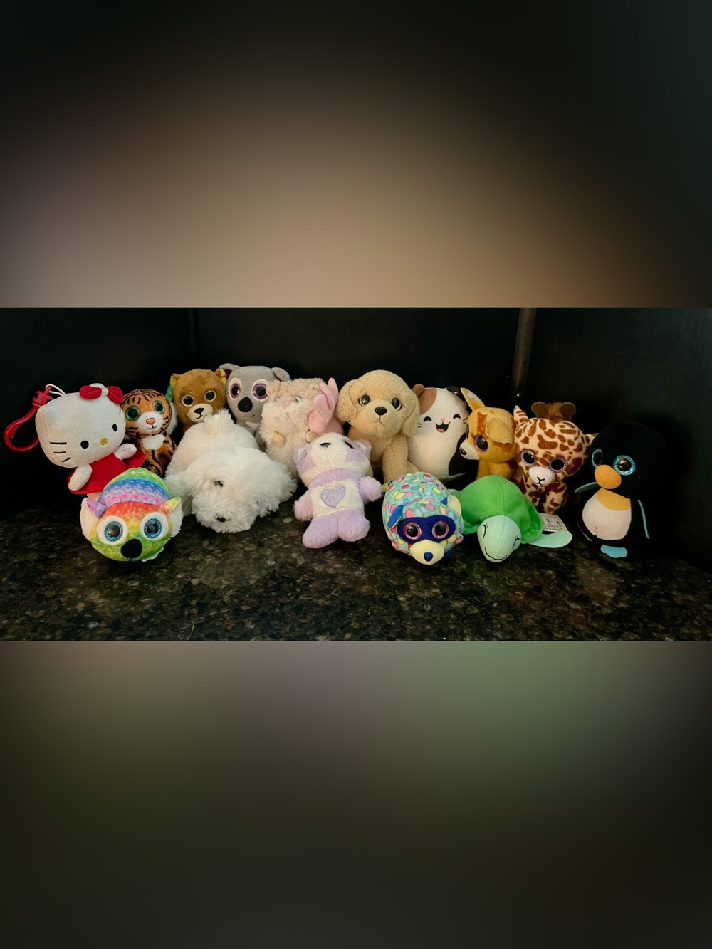 Set of 15 stuffies…Hello Kitty, puppies, turtle, penguin, tiger, giraffe, etc.